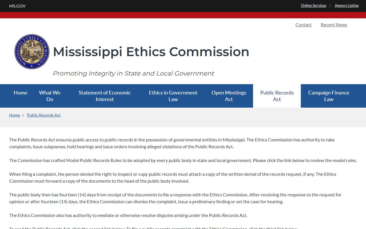 Issaquena County clerk public-records guidance on the Mississippi Ethics Commission public records page