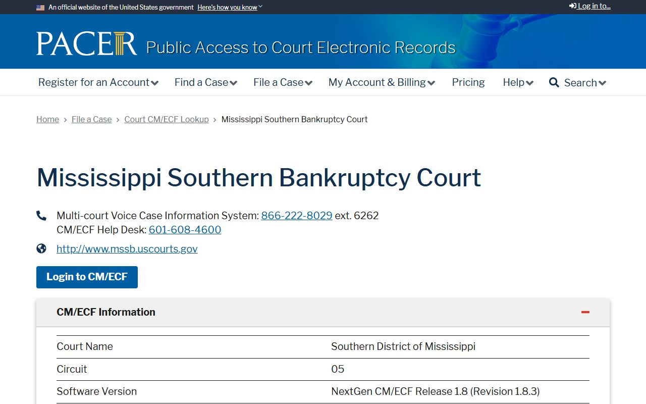 PACER lookup page for the Southern Mississippi bankruptcy court covering Issaquena County court dockets