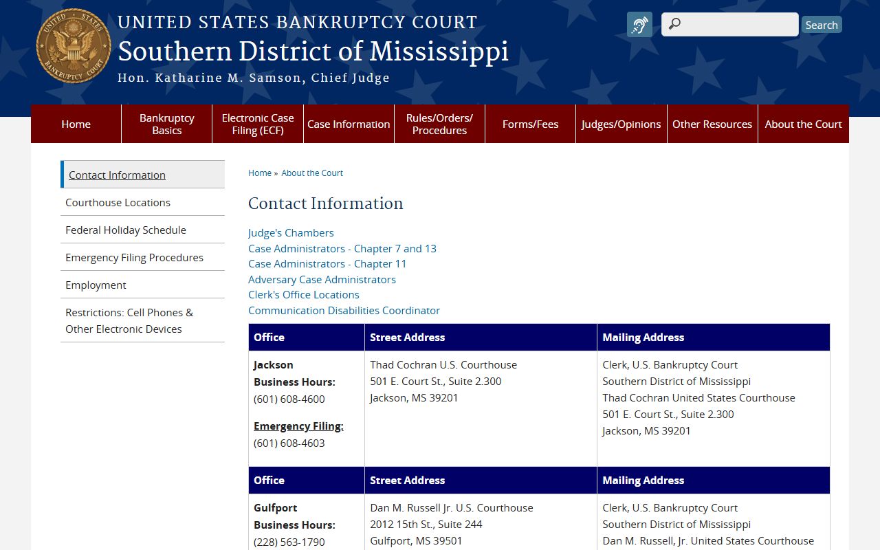 Southern District of Mississippi bankruptcy court contact page used for Issaquena County court dockets questions
