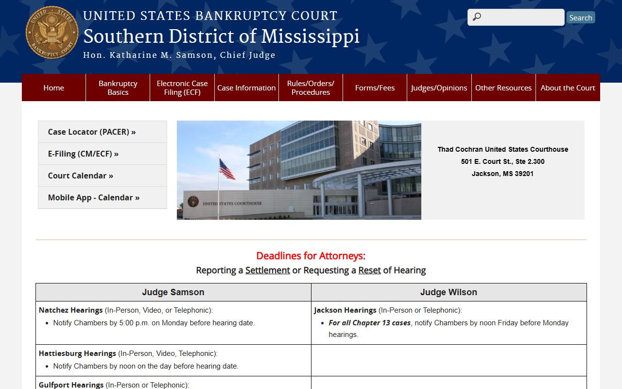 U.S. Bankruptcy Court Southern District of Mississippi homepage for Issaquena County court dockets in federal bankruptcy cases