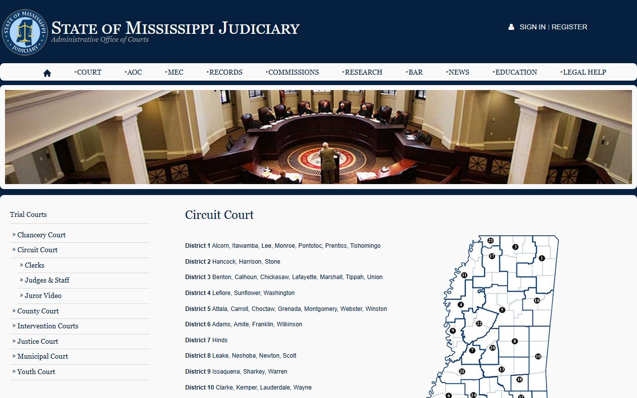 Issaquena County Circuit Court felony and civil jurisdiction on the Mississippi Judiciary page