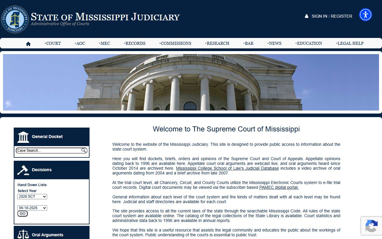 Issaquena County court records access through the Mississippi Judiciary homepage