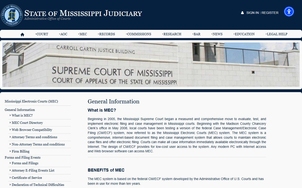Issaquena County court records access under Mississippi Electronic Courts general information