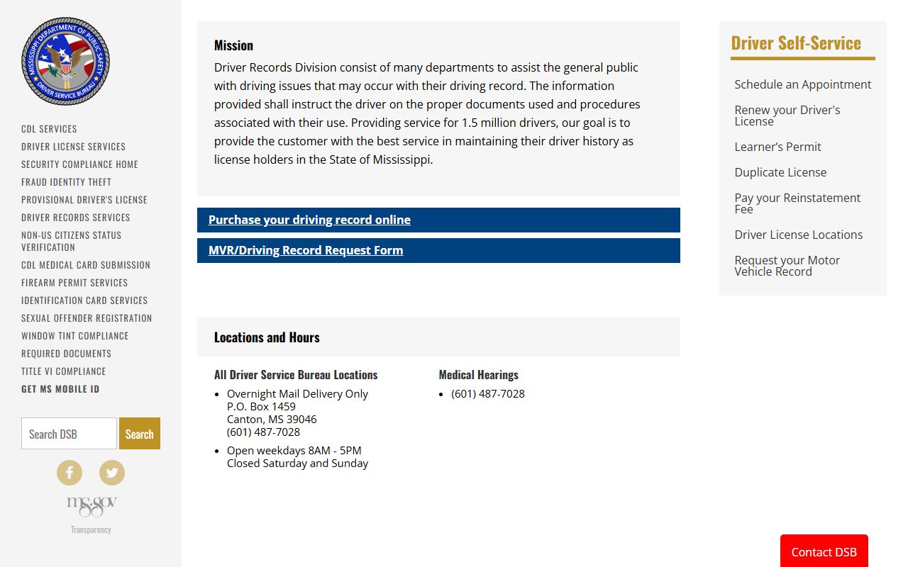 Mississippi DPS Driver Records Division page, a state system separate from an Issaquena County inmate search
