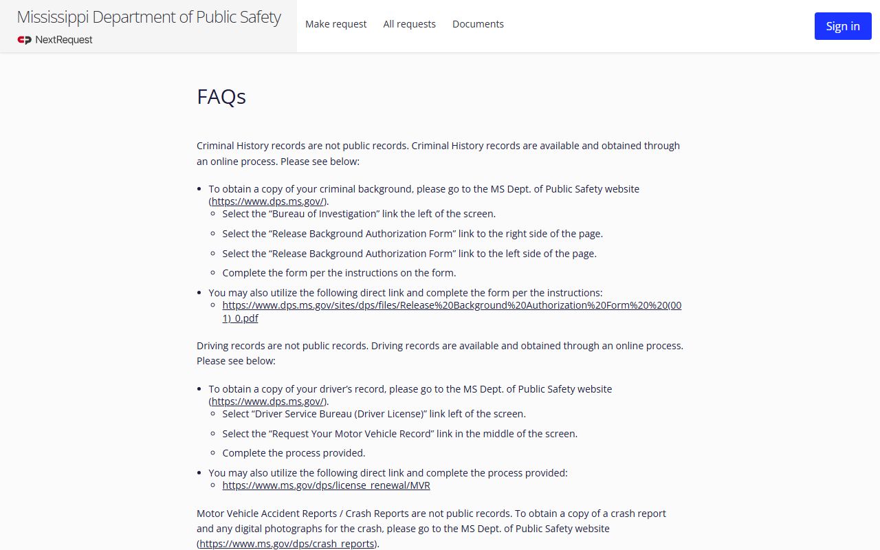 Mississippi DPS public records FAQ page used in an Issaquena County inmate and custody records request