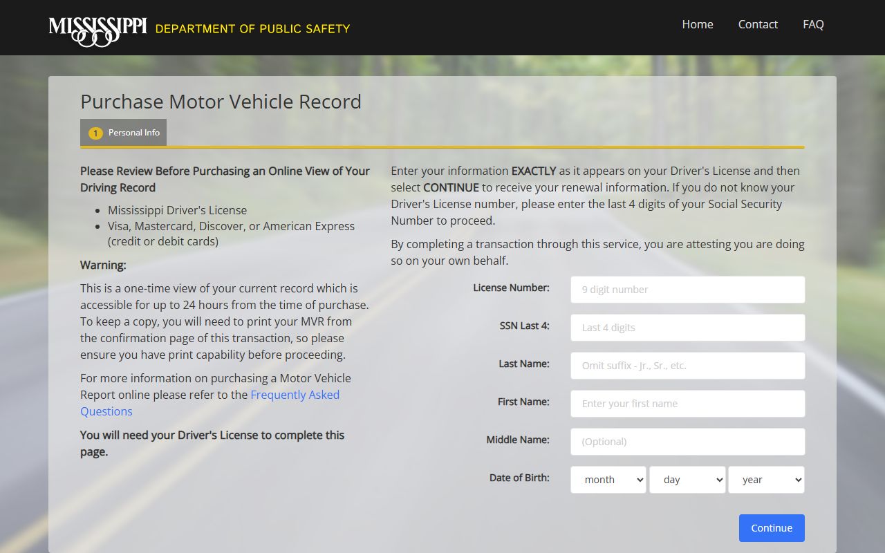 Mississippi motor vehicle record purchase page, a DPS state system distinct from Issaquena County inmate lookups
