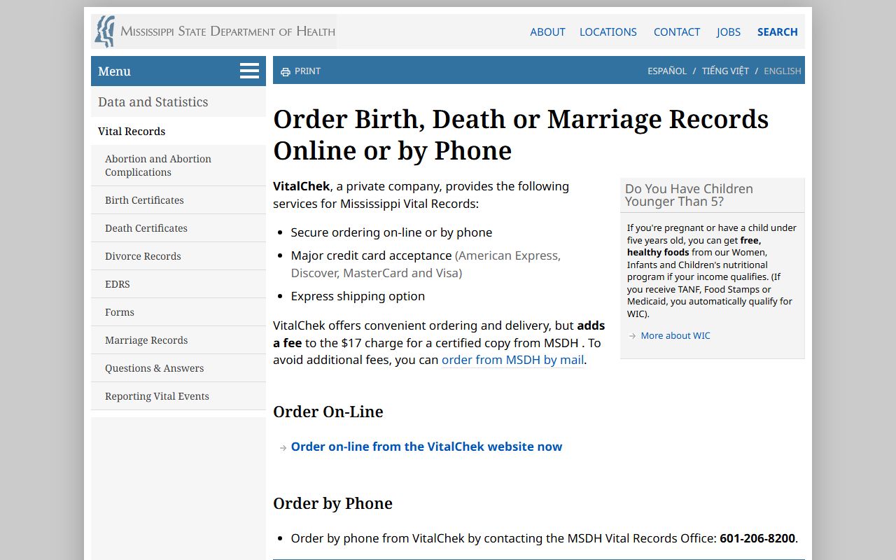 Ordering Issaquena County certified marriage records online through Mississippi VitalChek