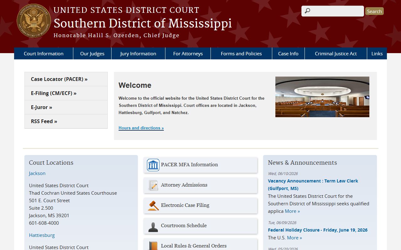 Issaquena County traffic and federal court records on the Southern District of Mississippi homepage
