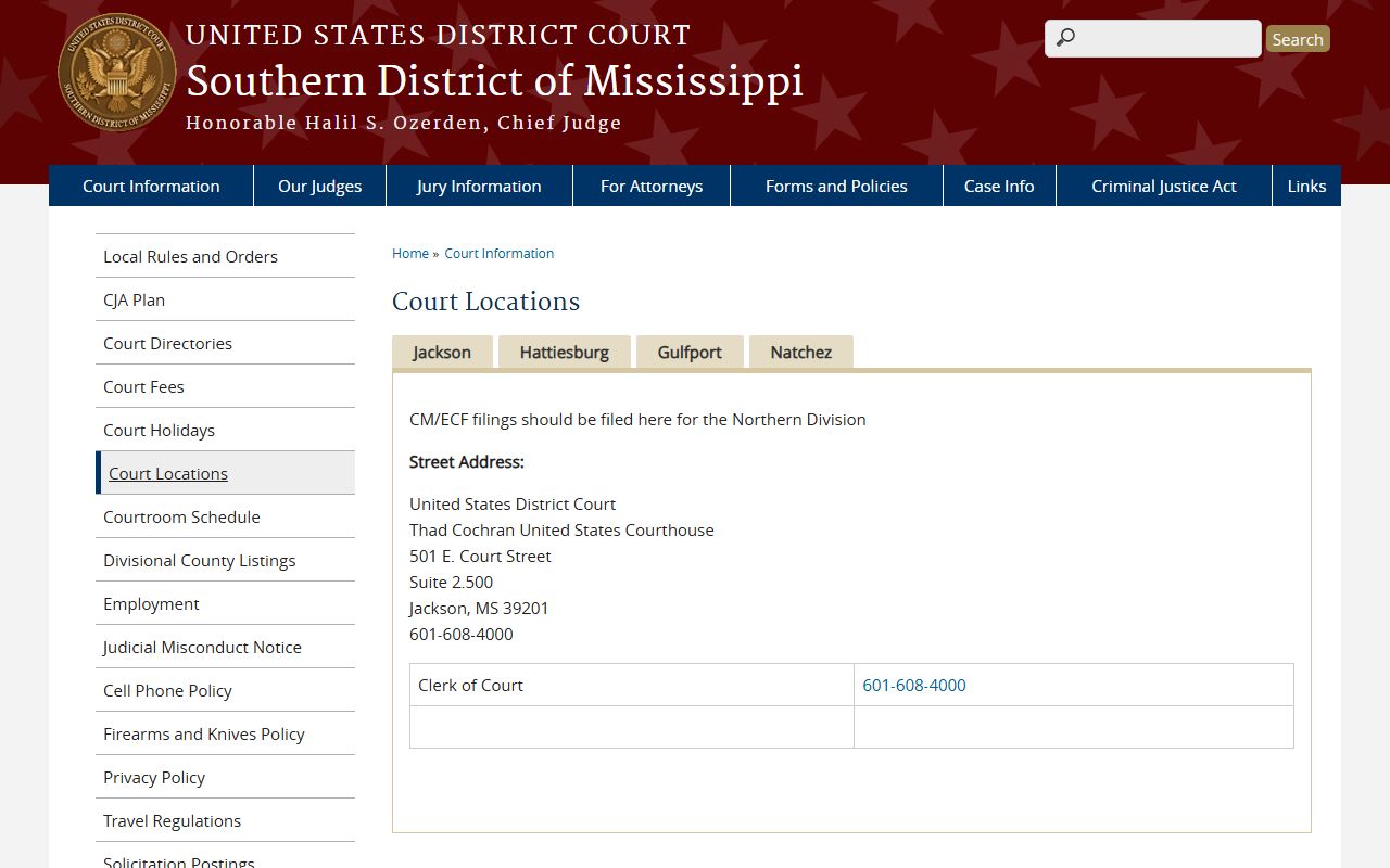Issaquena County traffic court matters route to the Southern District of Mississippi court locations in Jackson
