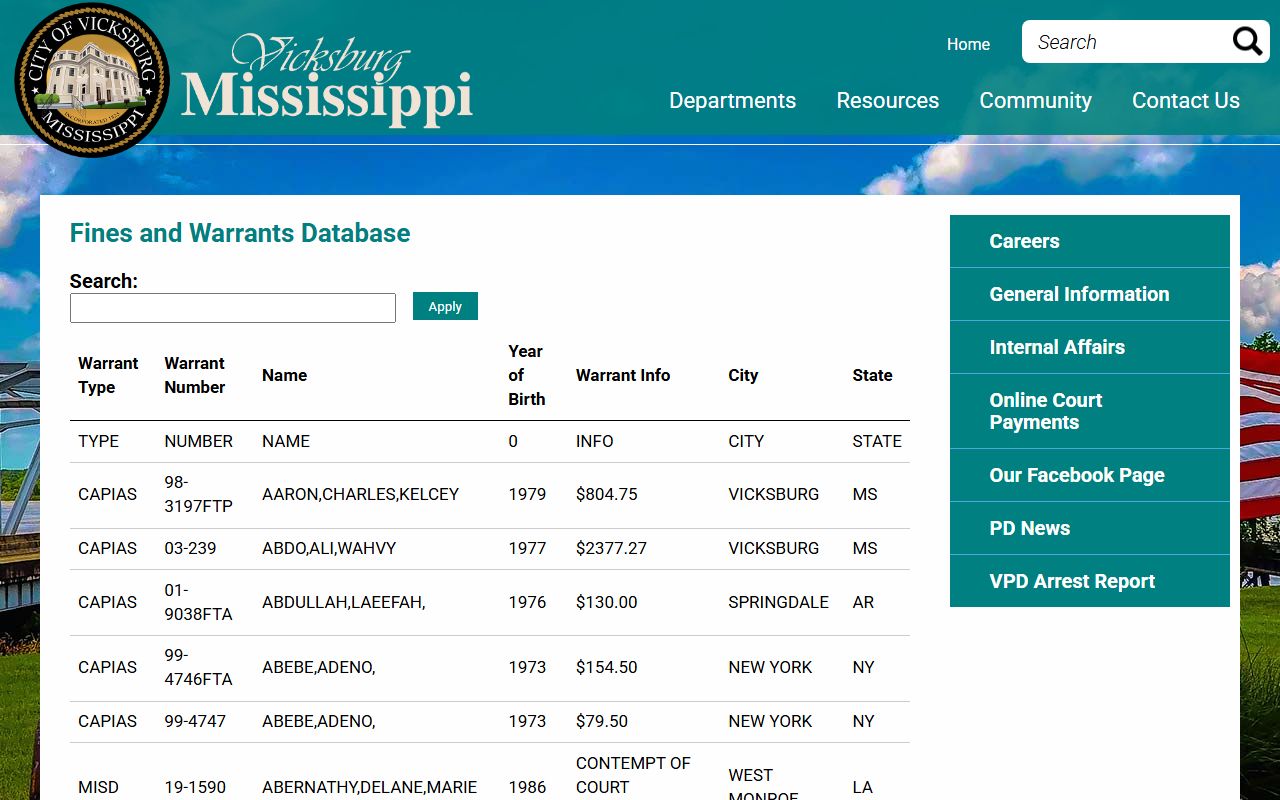 Vicksburg fines and warrants database, a regional model for an Issaquena County warrant search